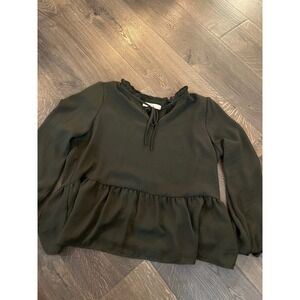 LOFT Petites Olive Green Ruffled‎ Neck Tie Neck Peplum Blouse Size Large Petite